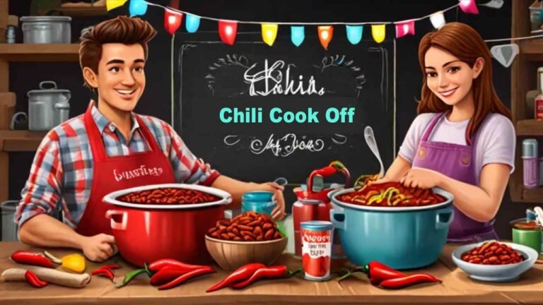A chili cook off competition with a group of friends in matching aprons standing proudly behind a table with steaming pots of chili, colorful toppings, and chili pepper decorations