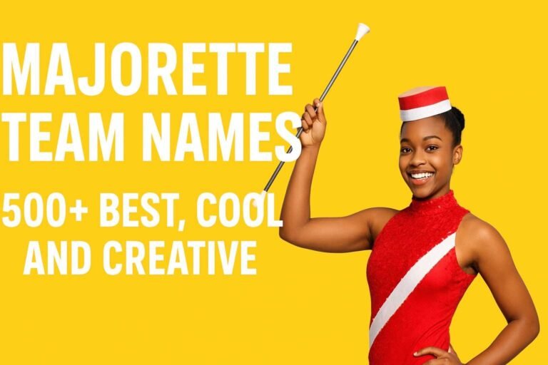 Young majorette in a red and gold marching uniform holding a baton, standing confidently against an orange background with bold headline text Majorette Team Names