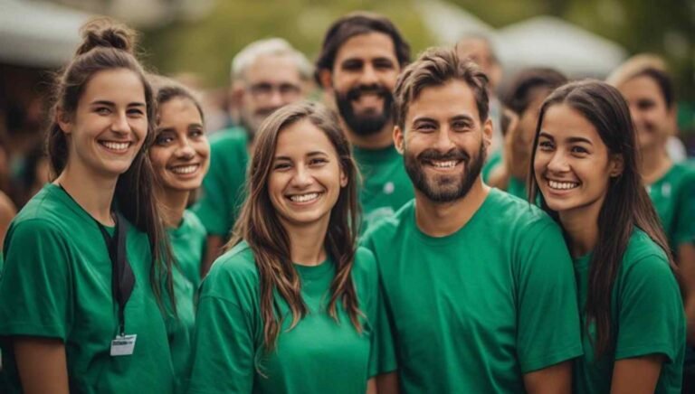 A group of friends wearing matching green shirts, smiling together at a community event