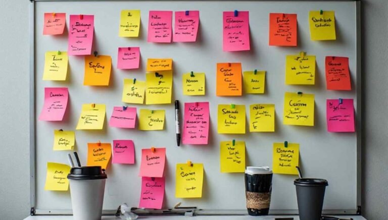 A whiteboard covered in sticky notes listing shortlisted sales team names with markers and coffee cups
