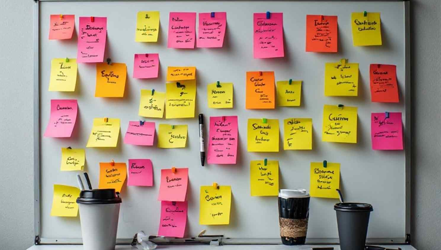 A whiteboard covered in sticky notes listing shortlisted sales team names with markers and coffee cups