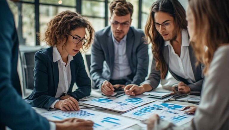 Accounting professionals collaborating around a spreadsheet and financial reports