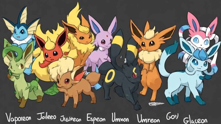 All 8 Eevee evolutions lined up together – Vaporeon, Jolteon, Flareon, Espeon, Umbreon, Leafeon, Glaceon, and Sylveon – with their names displayed below each one, perfect for a nickname guide article