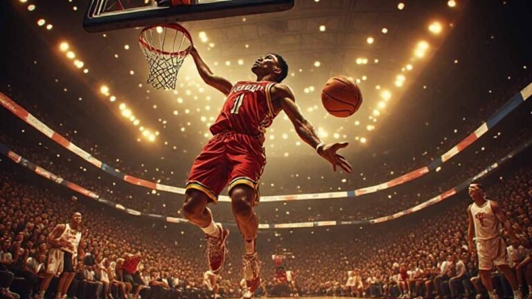 Basketball team in red-and-gold uniforms with team logo and name soars for a dunk in a packed arena.