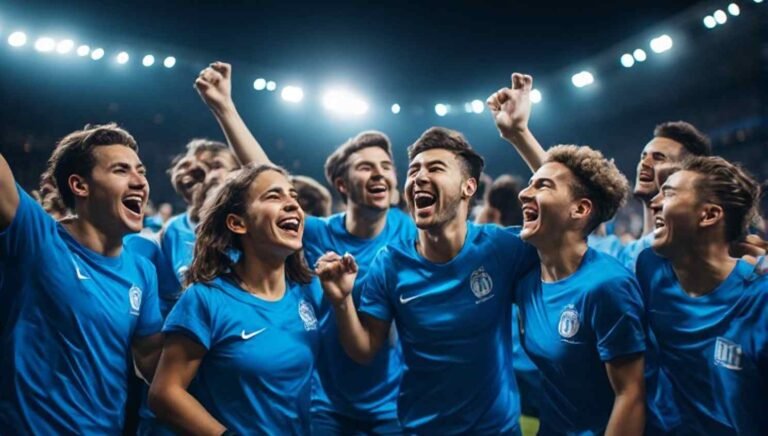 Blue team members in matching shirts celebrating under stadium lights