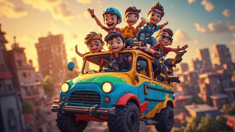 Cartoon squad of four friends dropping from a colorful battle bus toward a tilted city at sunrise -Fortnite Group Chat Names for Sweats, Casuals, and Everyone Between