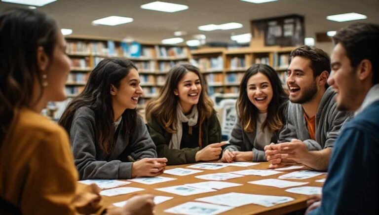 College students laughing at flashcards around a library table with a dry erase board labeled study group names