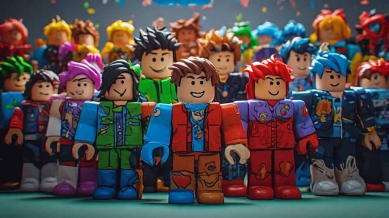 Colorful Roblox avatar group standing together beneath a custom group banner