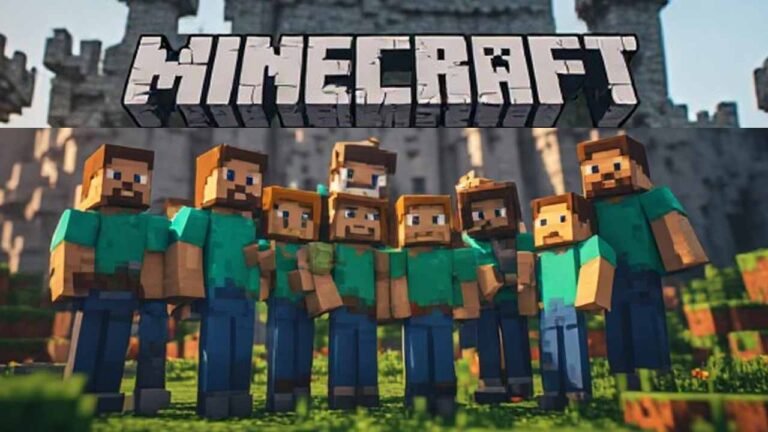 Colorful banner displaying “Diamond Dynasty” with diamond blocks and a proud Minecraft team standing in front of a castle build