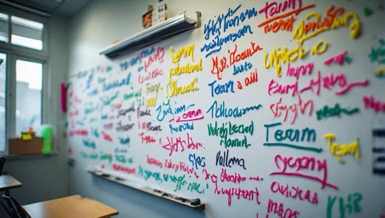 Colorful classroom whiteboard covered in team names written in different colored markers