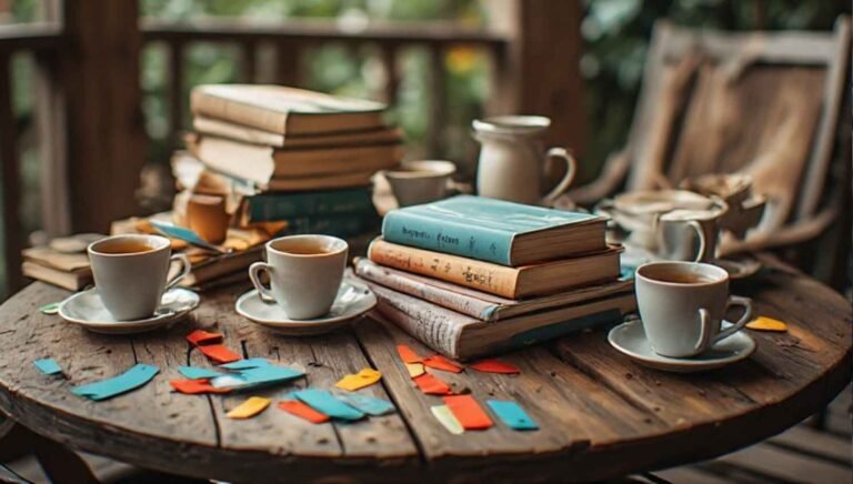 Cozy book club meeting table with stacked novels, colored bookmarks, and mugs of tea on a wooden porch table