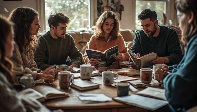 Cozy reading group gathered around a coffee table with books, mugs, and discussion notes