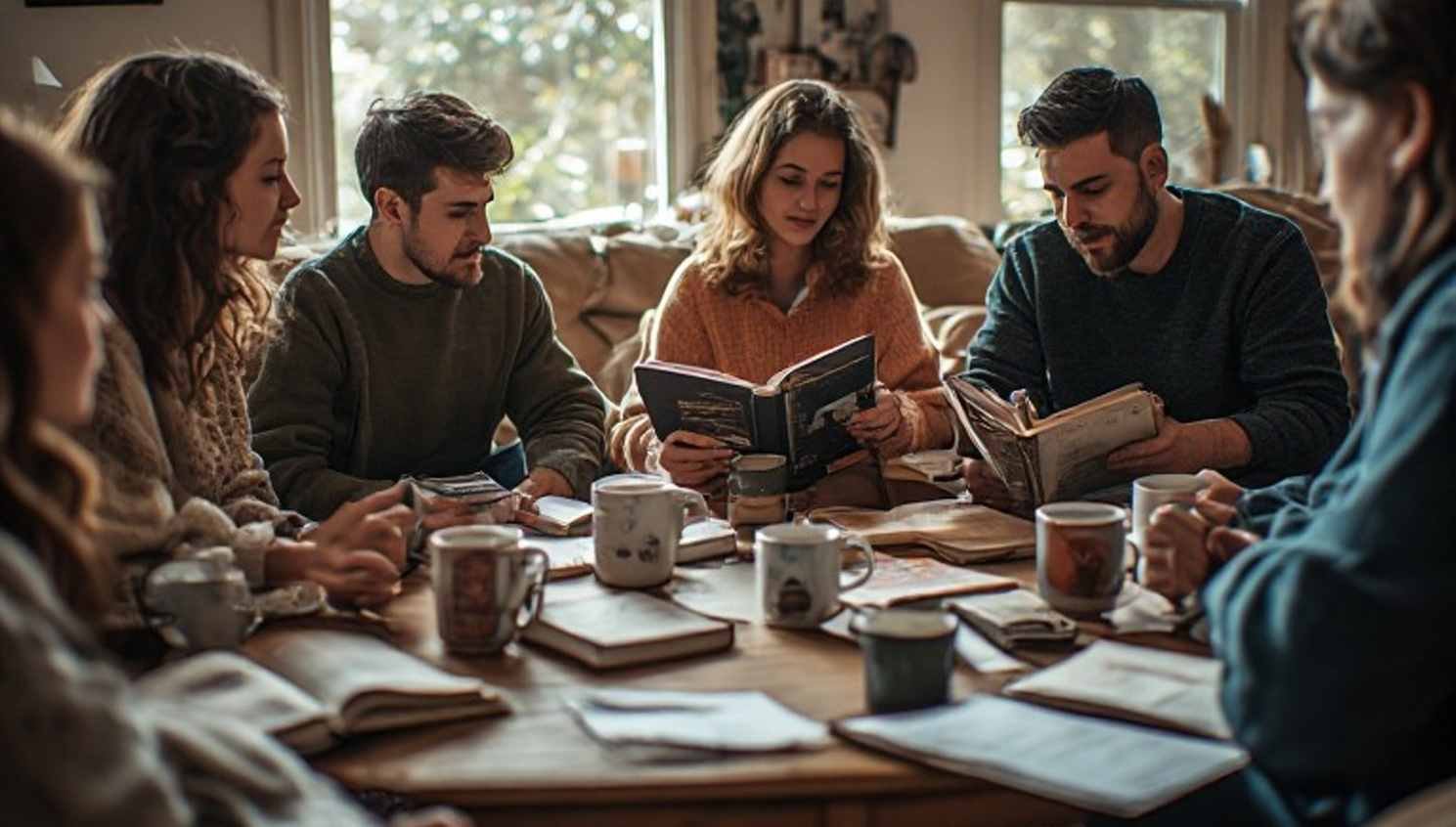 Cozy reading group gathered around a coffee table with books, mugs, and discussion notes