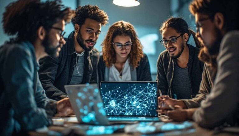 Diverse AI project team collaborating around a laptop with neural network diagrams