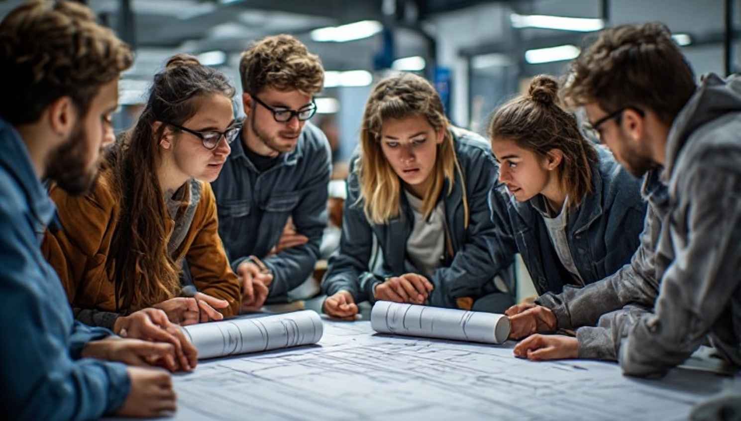 Engineering students gathered around a blueprint table choosing a team name for a design project