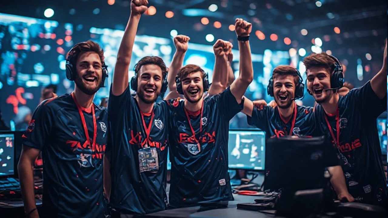 Five esports players in matching jerseys celebrating a victory at a LAN tournament with glowing monitors behind them