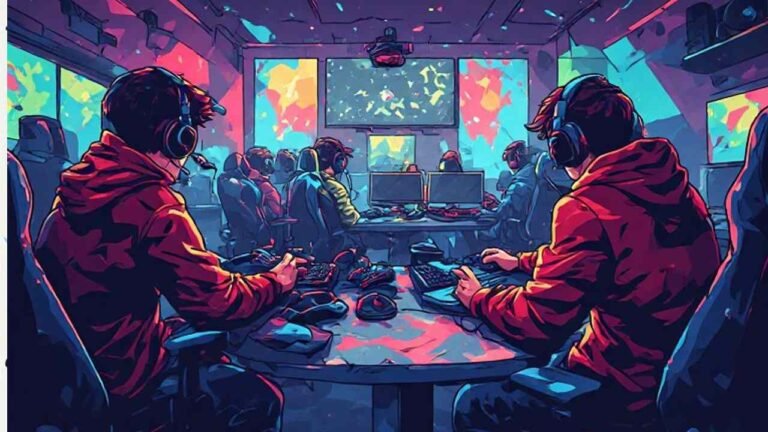 Gaming clan members competing together in a colorful esports room