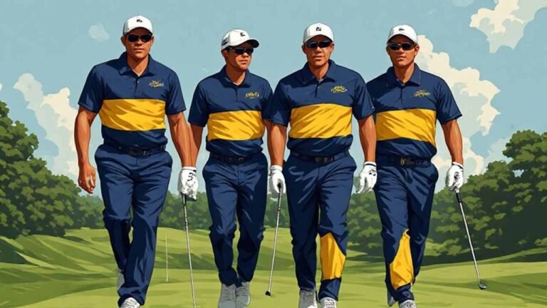 Golf team in matching navy-and-yellow uniforms marches down the fairway with team name displayed across their chests