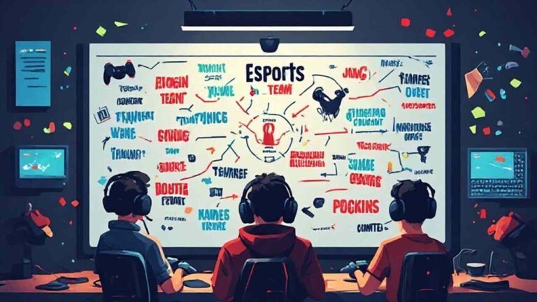 Group of gamers choosing a creative esports team name during an online scrim session