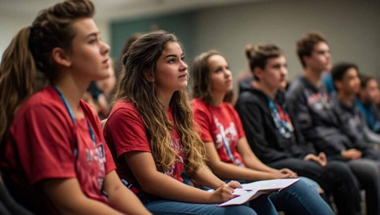 High school debate team in matching shirts rehearsing a first affirmative speech at a tournament