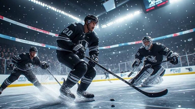 Hockey team in black-and-silver jerseys with visible team name storms the net on a breakaway