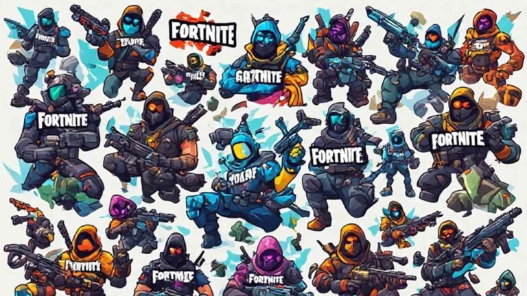 Large collection of funny and cool Fortnite clan name ideas displayed in a colorful gaming-themed list graphic