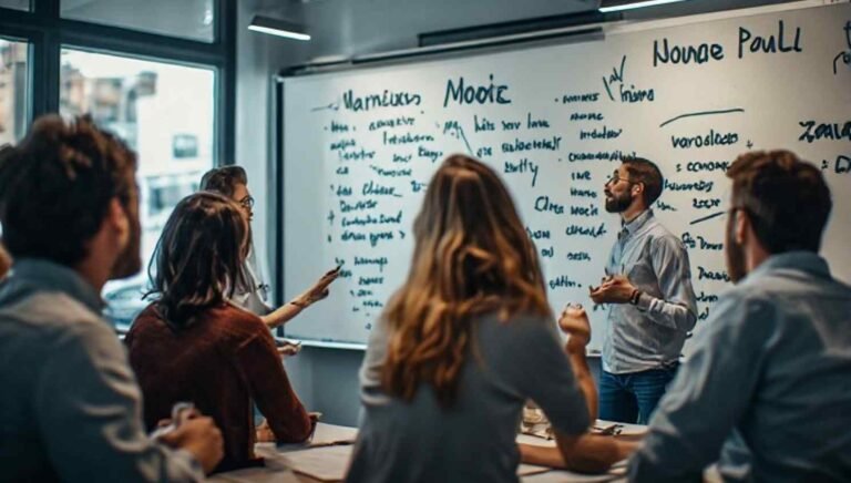 Marketing team brainstorming name ideas on a whiteboard in a modern office