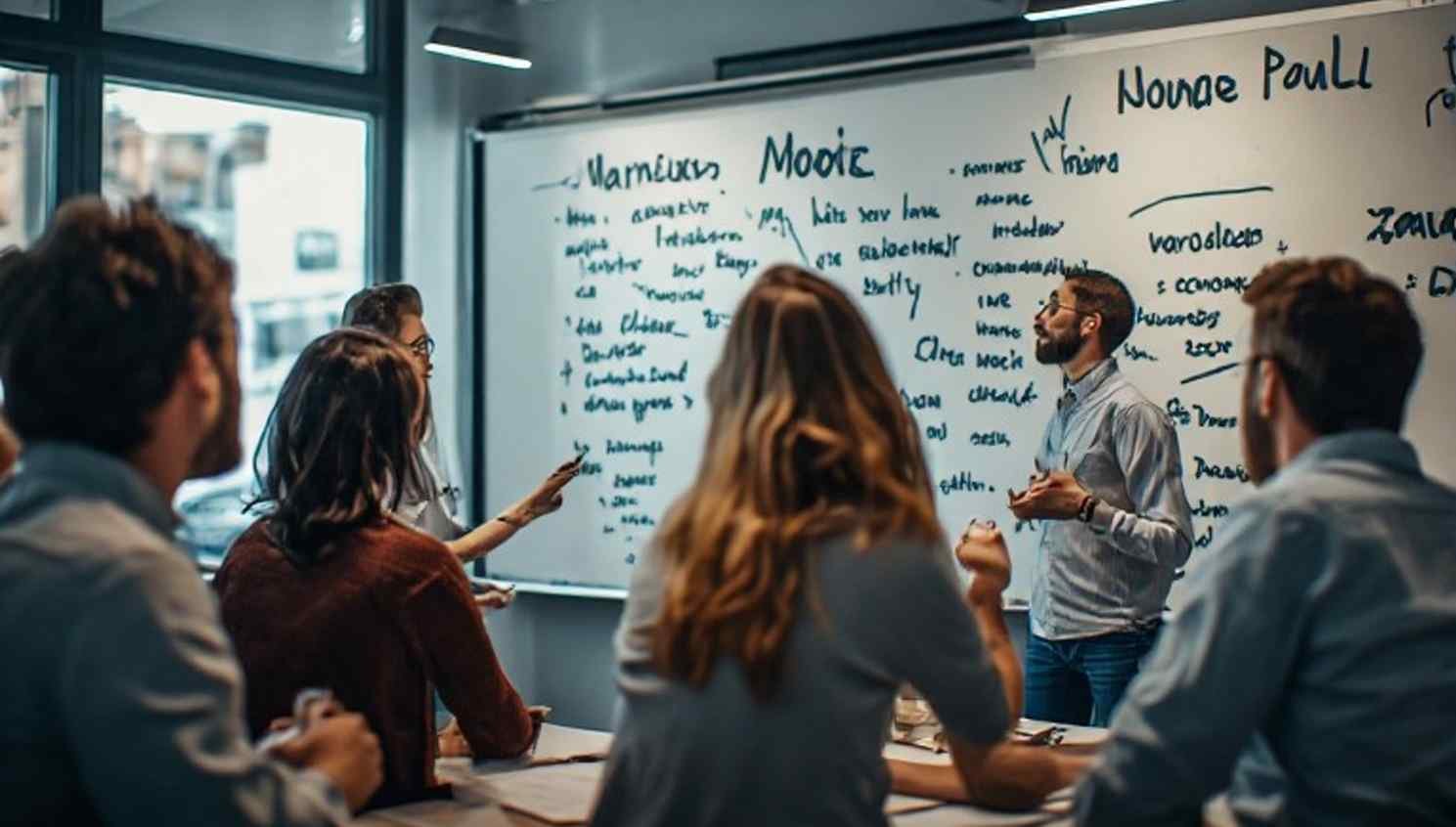 Marketing team brainstorming name ideas on a whiteboard in a modern office