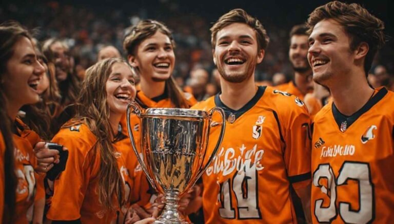 Orange team jersey with a citrus pun graphic and smiling squad members holding a trophy
