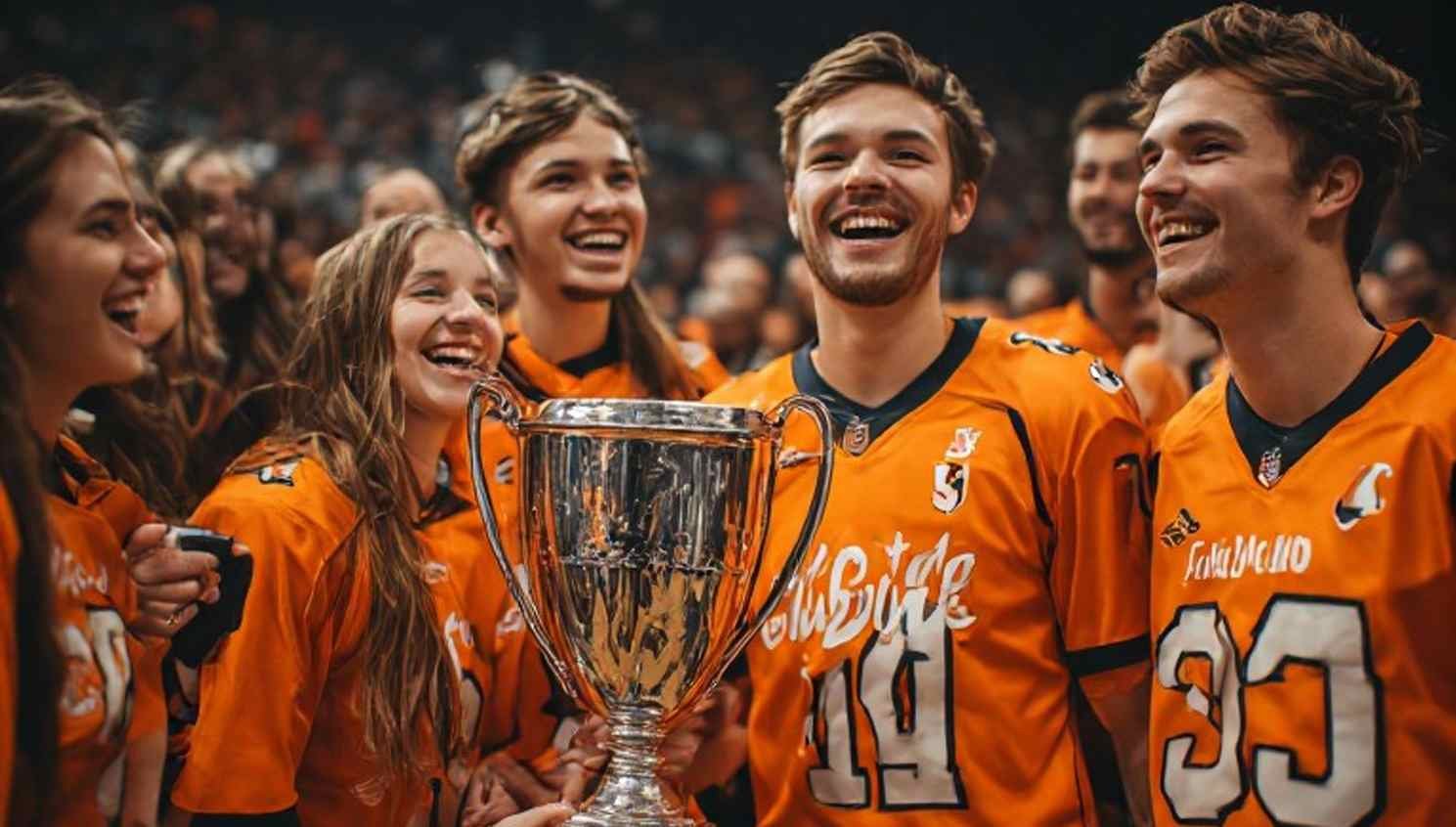 Orange team jersey with a citrus pun graphic and smiling squad members holding a trophy