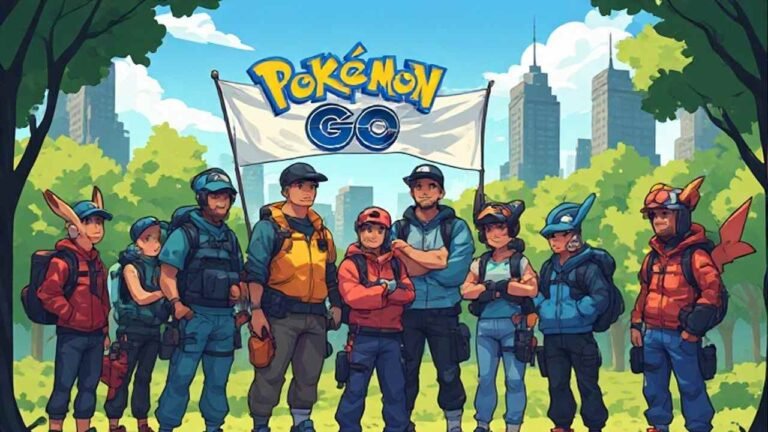 Pokémon GO raid group standing together in a city park with team name banner text Pokémon GO