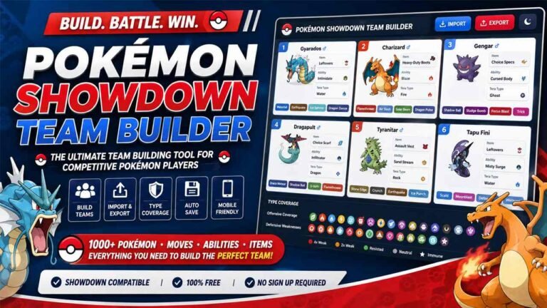 Pokémon Showdown Team Builder tool for creating competitive Pokémon teams with moves, abilities, items, EVs, Tera Types, team import and export, and type coverage