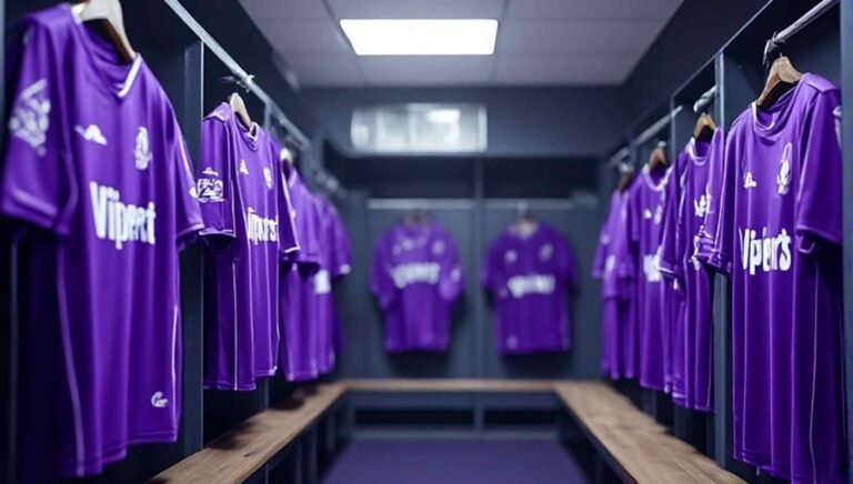 Purple sports team jerseys hanging in a locker room with Violet Vipers style lettering