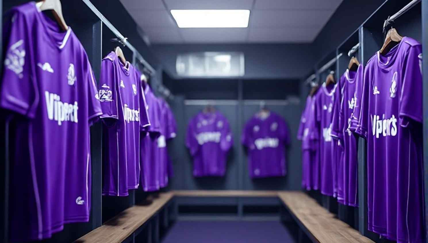 Purple sports team jerseys hanging in a locker room with Violet Vipers style lettering