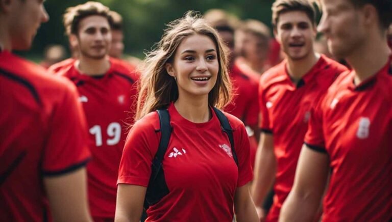 Red team wearing matching jerseys at a friendly outdoor competition