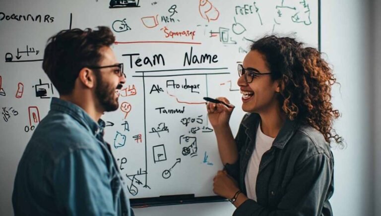 Two software developers laughing while choosing a team name on a whiteboard covered in tech puns and doodles